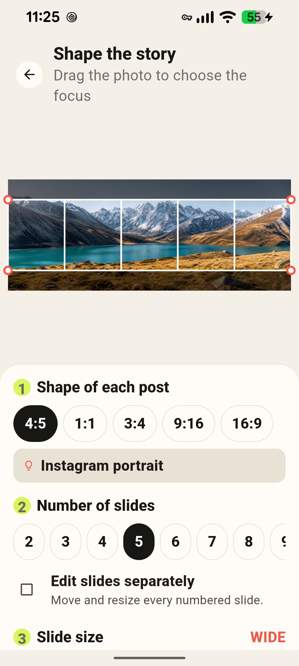 PanoRibbon editor dividing a mountain panorama into five connected portrait slides